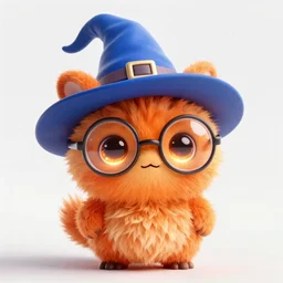 ultra-realistic ultra-detailed adorable fluffy bioluminiscent creature, orange fur, beautiful light big eyes, big round glasses, blue witch hat, tiny mouth, 🍋 , clean white background, DOF, soft lighting, octane rendering, unreal engine render, ultra detailed cinematic