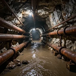 underground copper mine, flooded, dirty water, rusty pipes