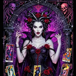 closeup portrait athena succubus gothic varga elvira barb wire megan fox maleficent roses medusa, wicca, ornate arch, seance, cthulhu, kraken, skulls, spider webs, glamour pose, moebius, gta v, dan mumford, mucha, nagel, tarot card, d & d, neon art deco, black paper, vibrant, greg rutkowski,