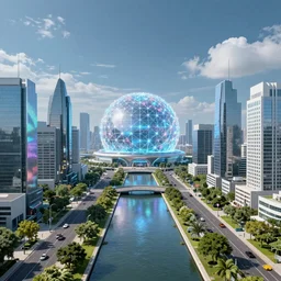 a futuristic city with canals trees and roads with an energy dome in the middle