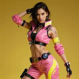 cyberpunk photorealistic character, tech wear outfit, wearables, dancer, gorgeous, similar to megan fox, pink and yellow, edgy, piercing, awe inspiring, artstation hd, 8 k, detailed, intricate, ornate, studio lights, golden ratio, masterpiece