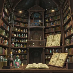 the inside of an imposing multi level occult library, occult aesthetic, magic aesthetic, witchcraft aesthetic, potions, star maps, jars, knick knacks, sparkles in the air, calm, tranquil, by studio ghibli
