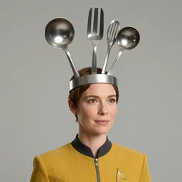 guinan from star trek wearing random kitchen tools on her head on the starship enterprise, no hair, played by a middle aged whoopi goldberg