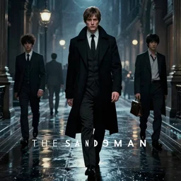 the sandman with black overcoat netflix dreaming walking hours by h. r. giger, by yoshitaka amano, karol bak, cinematic, filmic, lumen reflections, in a symbolic and meaningful style