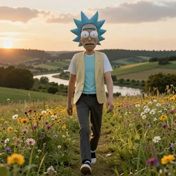 realistic portrait of rick sanchez, face to camera walking in a field. france, dordogne, hills, ultra high, face to camera, detail, 8 k, sunset, flowers, trees, river, hills, octane render.