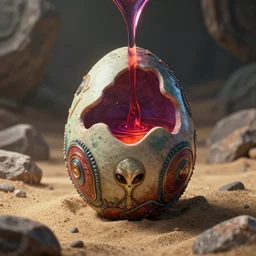 beautiful decorative alien egg, deadly potion flowing from the top, rock and sand around, peter mohrbacher style, ray tracing, cinematic, digital art, realistic, octane render