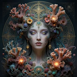 hyperrealistic photo of the uniquely beautiful young goddess of fractal coral lights morphed together with an elaborate cyberpunk fractal mycelium reef of sea flowers and sea creatures, strong cyberpunk make - up, emotionally evoking symbolic metaphors, head in focus, heavily ornamental, sacred geometry sublime, elegant, sensual, etheric, moody, highly detailed digital painting, artstation, golden ratio, sharp focus, art by h. r. giger and ernst haeckel, alphonse mucha,