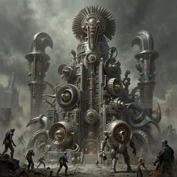 airbrush of 4 character, tiered flayed turbine - horror machines, cluster tiered heirarchy, battle chaos, mainframe hydrocracking battles, medical chromed, dystopian, by wayne d barlowe, h r giger, simon bisley & boris vallejo, enric torres, hyper realism, narrative light, muted colors, epic, hyper detailed, awe inspiring, award winning horror