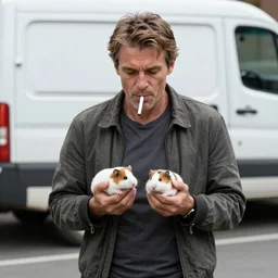 A realistic photo of Willem Dafoe smoking and holding two hamsters on the street next to a van