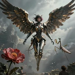 still frame from Prometheus movie by Makoto Aida, flying biomechanical angel gynoid by giger, mimicking devil's flower mantis, metal couture by neri oxmn and Guo pei, flying angel editorial by Malczewski and by Caravaggio