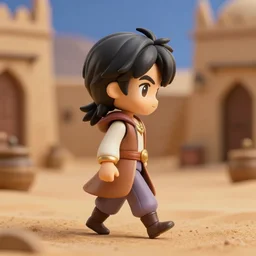 side view of young aladdin as nendoroid walking in a desert village, 8 k, hd, dof, kodak film, volumetric lighting, subsurface scattering, photorealistic, octane render