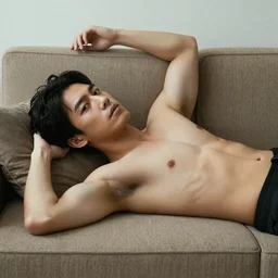 ghos face lies bare-chested on the couch in a sexy pose,