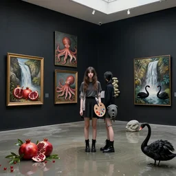 a flooded modern art gallery, paintings on black walls, a tall emo girl holding an artist's palette and wearing black demonia boots, pomegranates, octopus, waterfall, stone sculpture, zen, black swans, berries, surrealist, by magritte and monet
