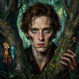 realistic detailed closeup portrait movie shot of an beautiful elegant male zombie hiding in trees, futuristic forest with a church in background by jean deville, amano, yves tanguy, denis villeneuve, alphonse mucha, max ernst, caravaggio, roger dean, masterpiece, rich moody colours, blue eyes