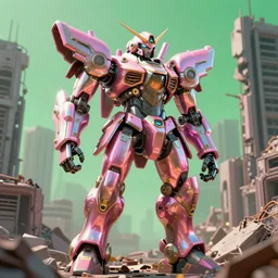 hyperrealistic 3d render high quality baroque mecha iridescent pink brutalist city ruins background concept art vray! santiago caruso de chirico sharp very dramatic green light 8k low angle shallow depth of field