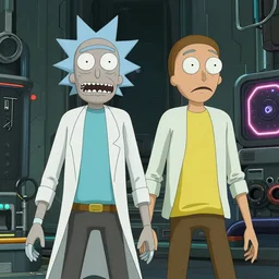 Rick and Morty in cyberpunk 2077 unreal engine 5 8k hyperdetailed photorealism