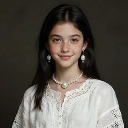 portrait of teenage aphrodite, light freckles, straight black hair, smiling kindly, wearing an embroidered white linen dress, lace neckline, intricate, elegant, mother of pearl jewelry, glowing lights, highly detailed, digital painting, artstation, concept art, smooth, sharp focus, illustration, art by wlop, mucha, artgerm, and greg rutkowski