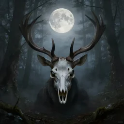 in the style of artgerm, peter mohrbacher, rafael albuquerque, wendigo, in the forest emerging from the shadows, deer skull face, antlers, fog, full moon, moody lighting, horror scary terror