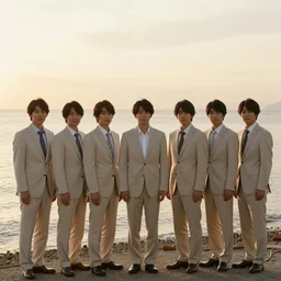 a group of japanese men wearing beige suits standing in the ocean, sunset, ((yellow magic orchestra)), ((tatsuro yamashita)), album cover, 1981, grammy award winning