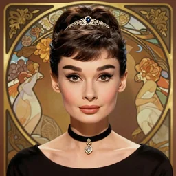 portrait of audrey hepburn, 8k, rich vivid colors, cinematic lighting, digital art, illustration, french noveau, alphonse mucha, artstation