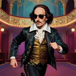 outrun portrait of glamor shakespeare in sunglasses, theater background | highly detailed | very intricate | professional model | cinematic lighting | painted by donato giancola and mandy jurgens and charlie bowater | bold colors, artdeco, art deco vaporwave anime aesthestic, 8 0's nostalgia | featured on artstation
