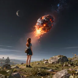 a girl on a hill watching a flaming asteroid fall from space, very realistic digital art 3d render
