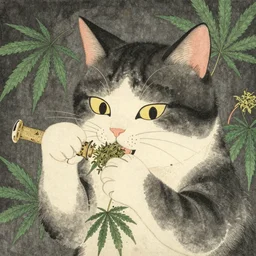 cat ripping a bong with cannabis leaf background, japanese woodblock, classical japanese art, traditional japanese art, kitty, cat, neko, weed, marijuana, cannabis, highly detailed, beautiful colors, award winning, dark, gritty, ink and watercolor
