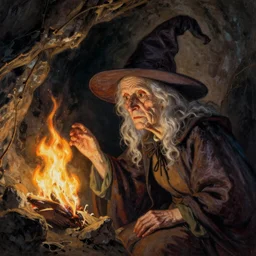 the wrinkled face of a magical old witch looking into a flame in a cave Thomas kincade