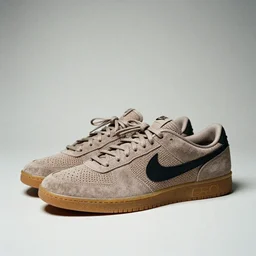 a studio photoshoot of Nike sneakers designed by Tom Sachs, light brown suede with knitted material, gum rubber outsole, realistic, color film photography by Tlyer Mitchell, 35 mm, graflex