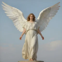 avan jogiaas an angel, large wings, long tunic, pale colors, sky background, photorealistic painting by mandy jurgens, trending on artstation, photorealism, detailed painting, behance hd, hyper realism