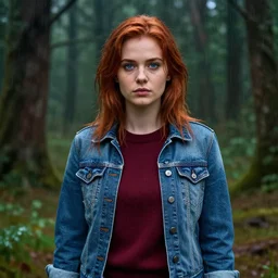 an insanely detailed realistic depiction of beautiful jodi from stardew valley standing in the rainy forest wearing burgundy sweater under blue denim jacket, auburn hair, pretty blue eyes, in the style of peter mohrbacher, artgerm, dramatic lighting and composition, octane render, trending on artstation, concept art 8 k