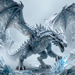 3D intricate frosty chitin scales and sparkly pebbled skin, maya render, octane render, George Hurrell studio portrait, ferocious winged dragon with sharp claws grabbing crystalline ice in an ice cave, national geographic, award winning, yukii morita, rough, scratched scales, leathery wings, fangs, fog