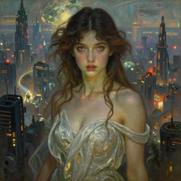stunning, breathtaking, awe-inspiring award-winning concept art nouveau painting of attractive Ashley Liao as a goddess, with anxious, piercing eyes, in an endlessly sprawling post-apocalyptic industrial city by Alphonse Mucha, Michael Whelan, William Adolphe Bouguereau, John Williams Waterhouse, and Donato Giancola, cyberpunk, extremely moody lighting, glowing light and shadow, atmospheric, cinematic, 8K