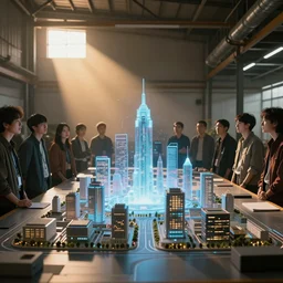 large group of people, looking at hologram of futuristic city on a table, cinematic concept art, warehouse interior, godrays, golden hour, 4 k, clear details, tabletop model buildings, tabletop model, hologram center