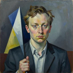 an oil painting of Vitalik Buterin in style of cubism suprematism