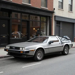 a delorean parked on the street, 1985, wide shot, panoramic