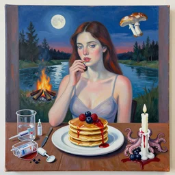 sensual, a portrait in a female art student's apartment, pancakes, camp fire, river, dusk, moonlight, berries, octopus, surgical supplies, mushrooms, scientific glassware, candle dripping white wax, berry juice drips, neo - expressionism, surrealism, acrylic and spray paint and oilstick on canvas