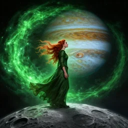 a highly detailed matte painting of emma watson as a red haired witch, standing on the moon titan and looking at jupiter, viewed in profile and from far away, swirling green magic, ultrawide lens, art by rebecca guay and arthur rackham and alphonse mucha and john william waterhouse, volumetric lighting, octane render, 4 k resolution, trending on artstation, masterpiece