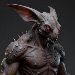 grimdark, muscular body, chiroptera head, chiroptera ears, hyperrealism, artstation, cgsociety, zbrush, no background