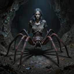 creepy matte painting of a female spider drider centaur with eight legs in a dark cave wearing a ragged shirt, ultra detailed, monster, half human half spider, human torso and head, spider hips and legs, spider thorax, creature design, concept art, 8 k, moody lighting, muted colors, blue tone light, dramatic lighting, realistically proportioned face