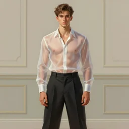 full figure portrait of a single beautiful young fit man, dressed of modern transparent fluent shirt and large pants, by greg rutkowski and alphonse mucha, d & d character, interior design background, highly detailed portrait, digital painting, artstation, concept art, smooth, sharp focus ilustration, artstation hq