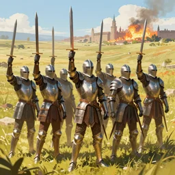 seven armored knights raising swords in victory, standing in a sunny field with a burning city in the far distance, trending on artstation, digital art ( by jesper ejsing ) ( by clint cearley ) ( by raluca marinescu )