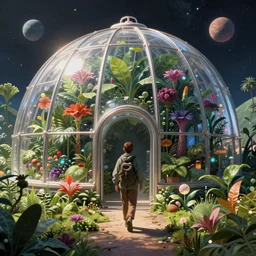 walking inside a lush growing large bio dome on a distant planet, detailed illustration, concept art, dynamic colour palette, highly detailed, high contrast, strong rim lighting