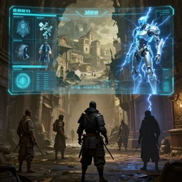 Concept Art Game Menu Equipment Screen Hologram Huds Character Profile Street Portrait Samurai Shadowrun Cyberpunk2077 Unreal Engine Render In the style of Winslow Homer Norman Rockwell Ilya Repin, Vereshchagin, Canaletto, Grimshaw, Keith Thompson, Dragan Bibin; Exterior Foreign Country, Interdimensional Shopkeepers, Lightning Cyber Cyborg, Robo-Lightning gallery ; Neo-Renaissance