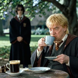 dumbledore drinking coffee with Voldemort on a sunny day