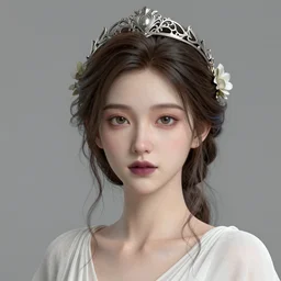 complex 3 d render, ultra detailed, realistic headshot portrait of a beautiful porcelain skin woman, face, wispy, wavy hair worn tied back in a messy bun, wearing filigree silver elven circlet, wearing white chiffon dress, detailed open eyes, round catchlights, flowers in hair, mauve lips, 5 0 mm lens, beautiful, studio portrait,