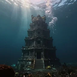 wide shot, submerged pre - incan temple, dark, grenada underwater sculpture park, bubbles, abyss, stylized, anime style mixed with fujifilm, detailed gouache paintings, crepuscular rays, dark, murky, foggy, atmospheric, artstation, cgsociety, octane render, cgi, unreal engine 5, denoise, cinematic masterpiece