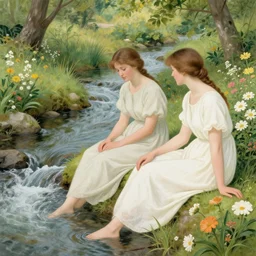 women sitting by a slowly flowing stream, surrounded by flowers by dore