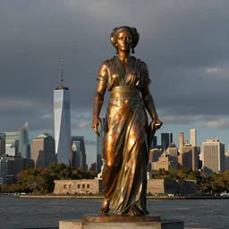 A giant copper statue of Leia Organa on Liberty Island, NY, overlooking the harbour