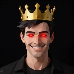 man with a crown, smirk, photograph, black backgrounds, glowing red eyes, low poly